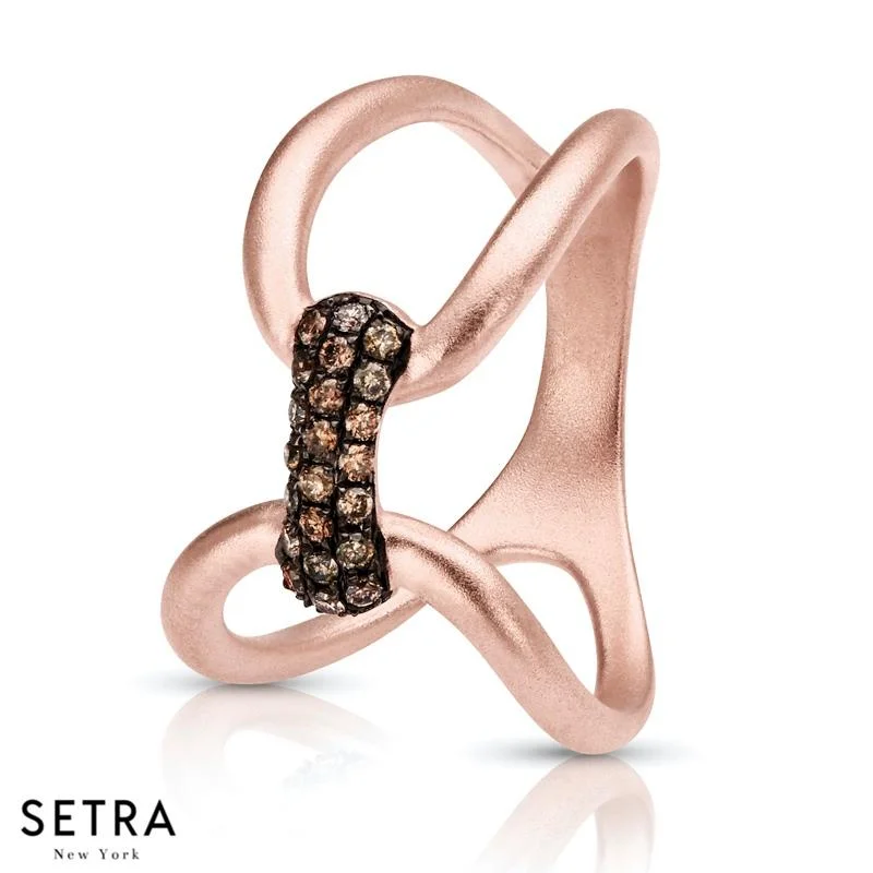 DESIGNER 14K FINE ROSE GOLD WITH UNIQUE SOHO DESIGN DARK BROWN DIAMOND RING