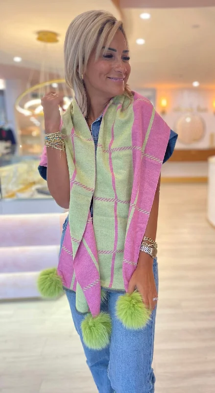 Pink & Green Plaid Pom Pom Scarf