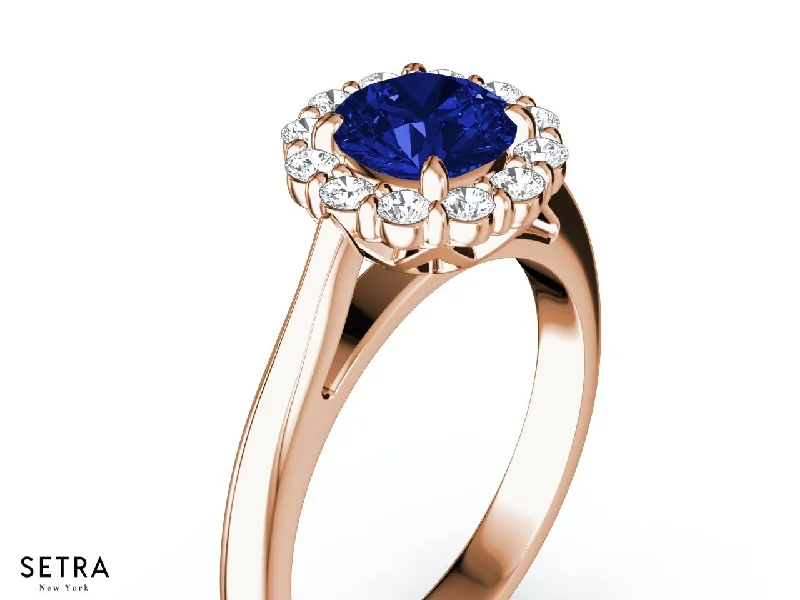 PRINCESS DIANA FINE 14K ROSE GOLD DIAMOND & SAPPHIRE HALO ENGAGEMENT RING