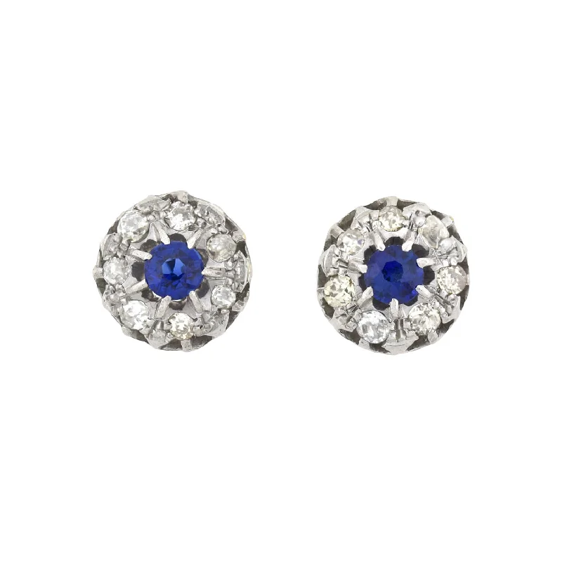 Edwardian 9kt/14kt Synthetic Sapphire + Diamond Stud Earrings