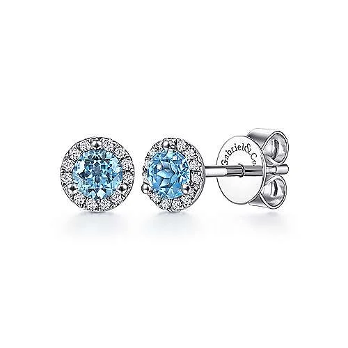 14K W Gold 0.64ctw Blue Topaz and 0.10ctw Diamond Stud Earrings