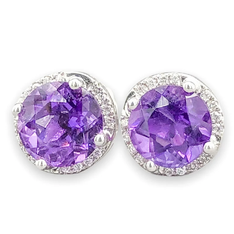 14K W Gold 1.24cttw Amethyst & 0.26cttw SI1/H Diamond Halo Stud Earrings