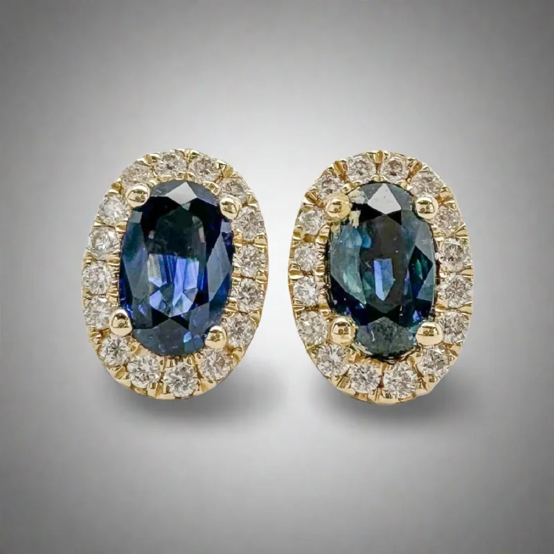 14K Y Gold 0.70ctw Diamond and 0.10ctw Sapphire Halo Oval Stud Earrings