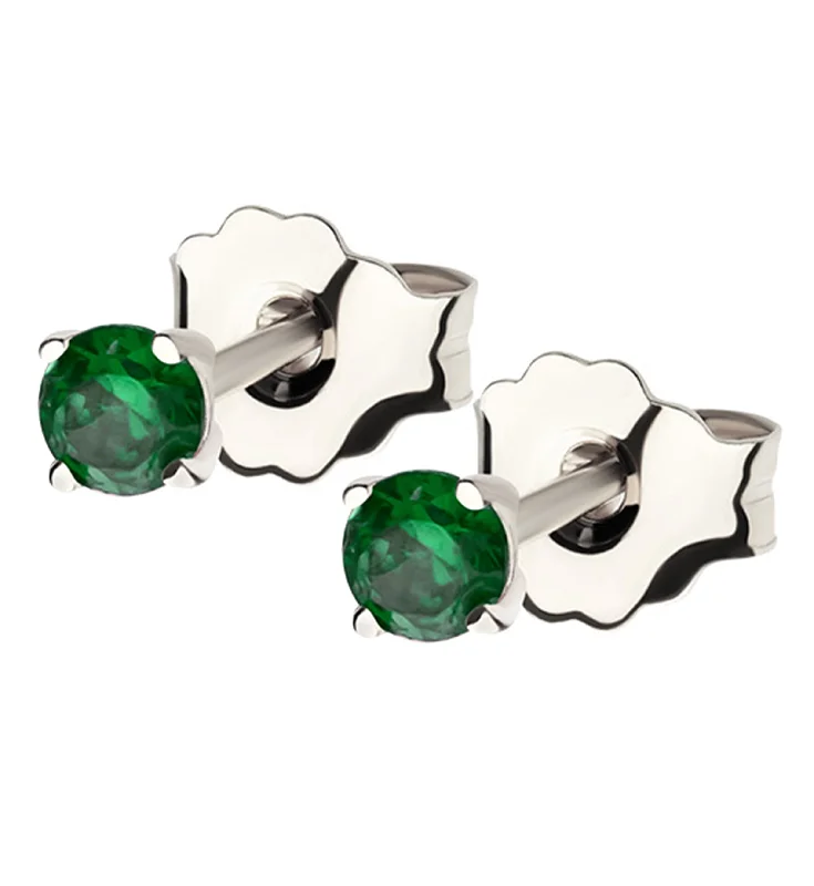 14kt White Gold May Birthstone Emerald CZ Stud Earrings