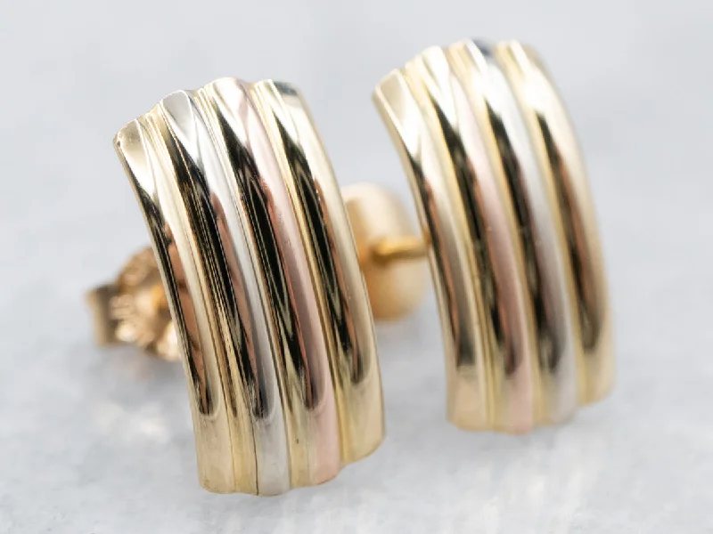 Tricolor 18 Karat Gold Ribbed Stud Earrings