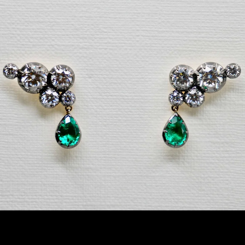 5 carat Georgian Victorian Climbing Collet Emerald and Moissanite Stud Earrings