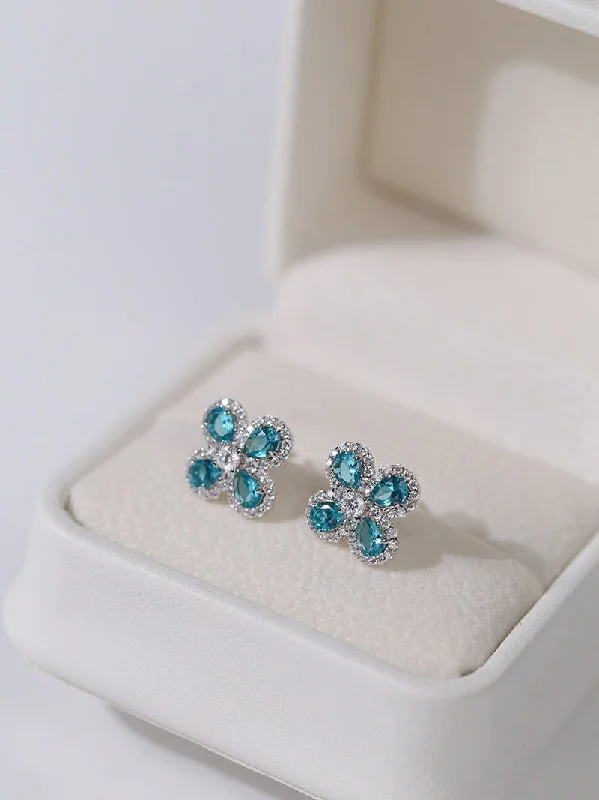 925 Sterling Silver Sky Blue Four-Leaf Stud Earrings