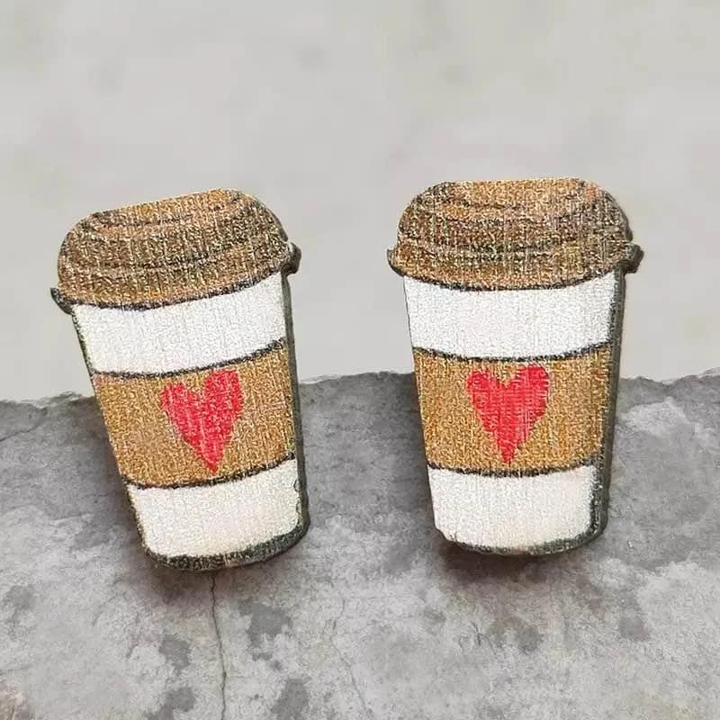 Adorable "I Heart Coffee" Wood Coffee Cup Stud Earrings