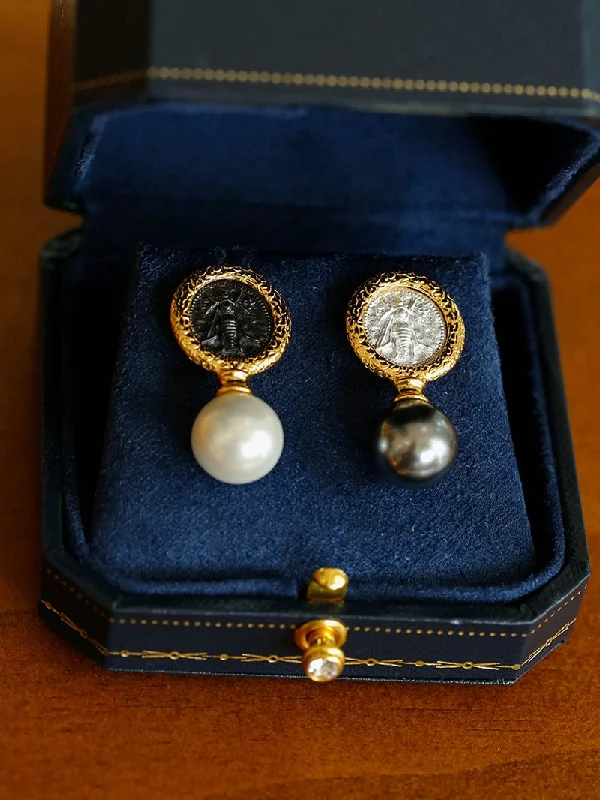 Ancient Greek Retro 925 Silver Coin Pearl Stud Earrings-Type H I