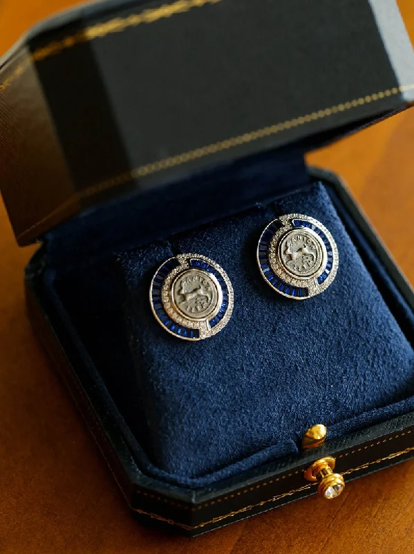 Ancient Greek Retro Blue 925 Silver Coin Stud Earrings-Type J