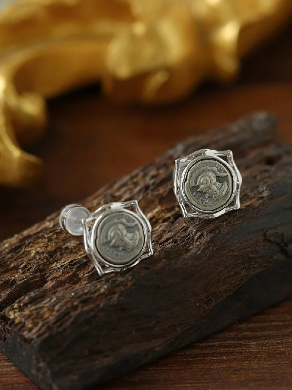 Ancient Greek Retro Blue 925 Silver Coin Stud Earrings-Type L