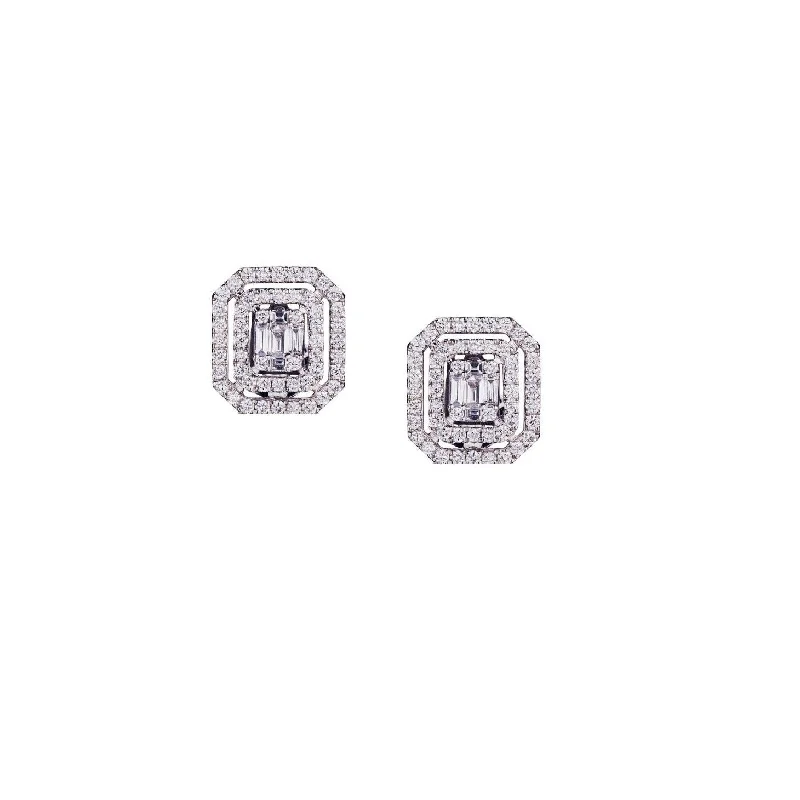 BAGUETTE & DOUBLE DIAMOND FRAME STUD EARRINGS