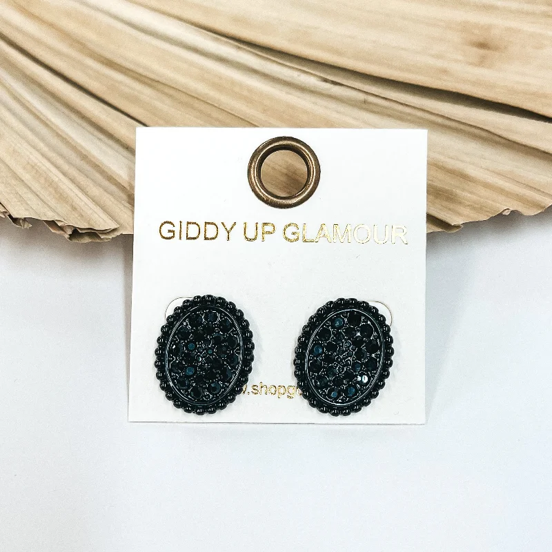 Black Oval Stud Earrings with Black Crystals