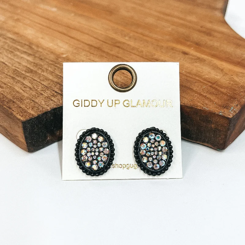 Black Oval Stud Earrings with AB Crystals