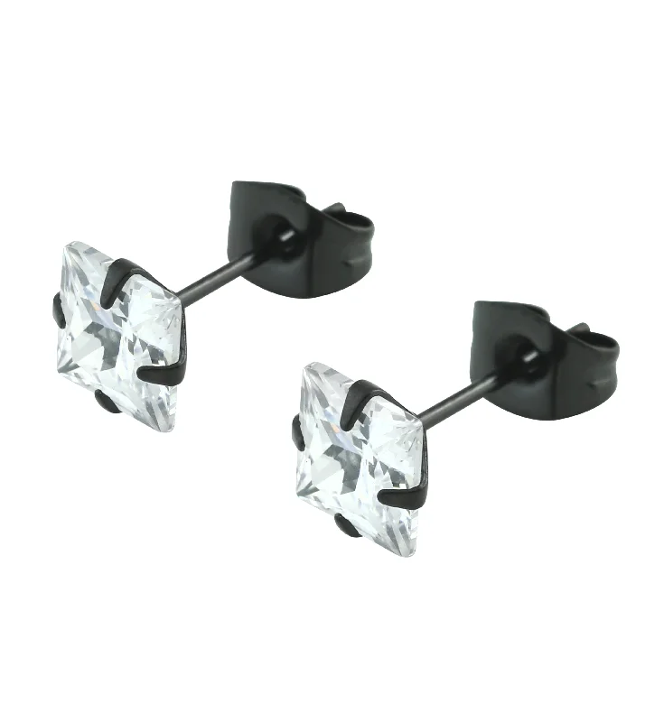 Black PVD Square Clear CZ Stainless Steel Stud Earrings