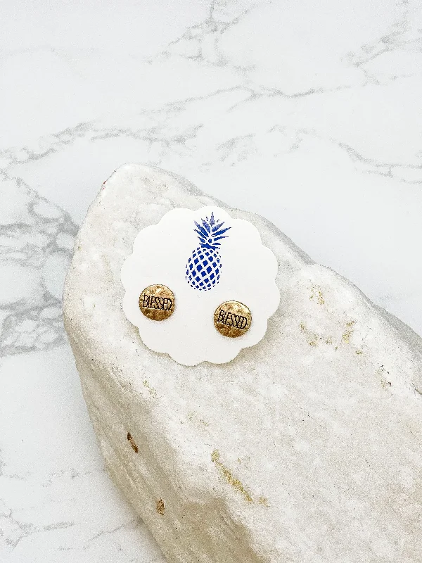 'Blessed' Sentiment Stud Earrings - Gold