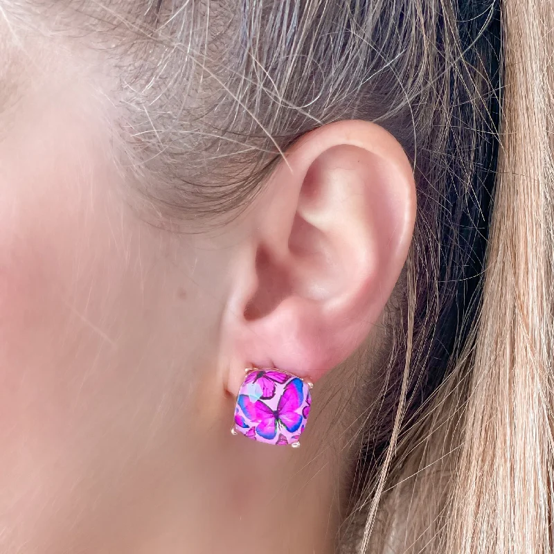 Butterfly Glass Stud Earrings - Fuchsia