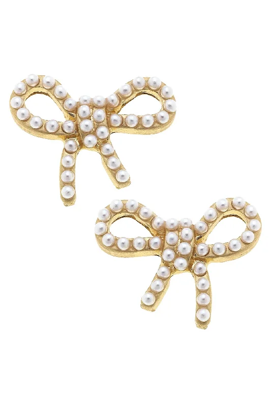 Canvas Style - Mariah Pearl Studded Bow Stud Earrings in Ivory