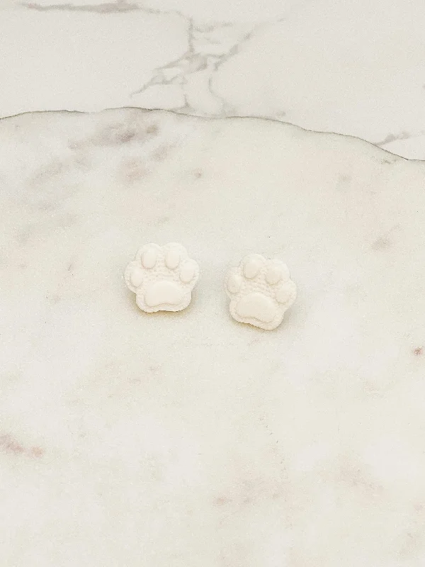 Clay Paw Print Stud Earrings - White