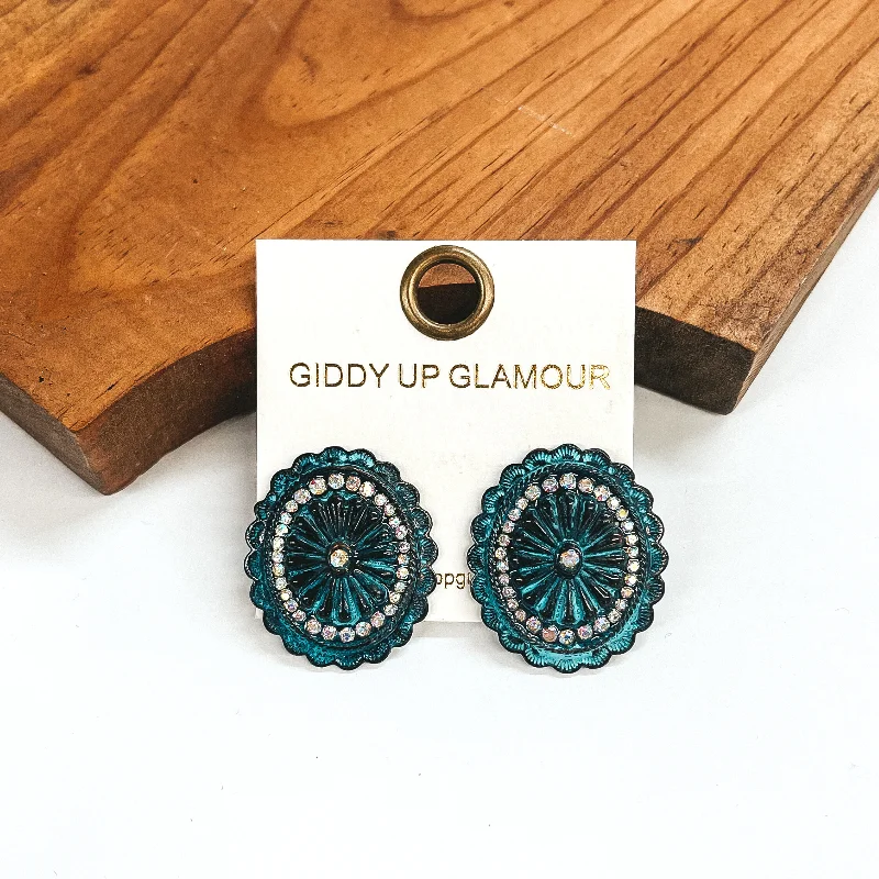 Patina Concho Stud Earrings with AB Crystals