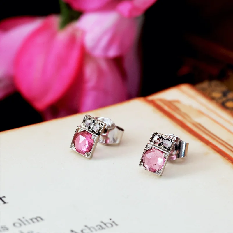 Art Deco Pink Tourmaline & Diamond Stud Earrings