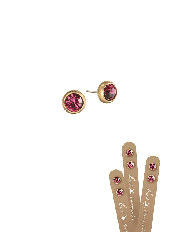 Hot Tomato Rub-Over Style Stud Earrings -  Worn Gold/Fuchsia