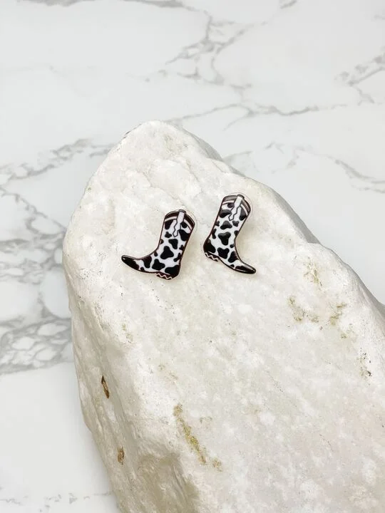 Cow Print Cowboy Boot Acrylic Stud Earrings - Black