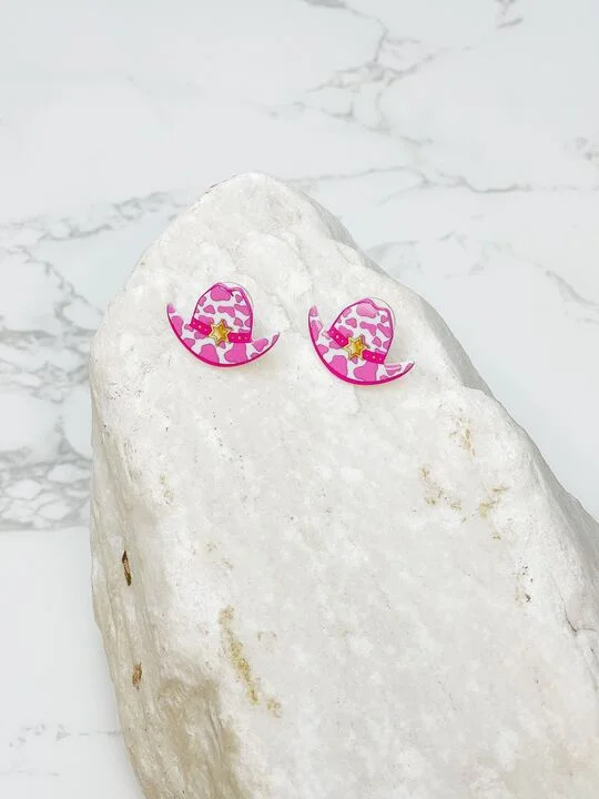 Cow Print Cowboy Hat Stud Earrings - Pink