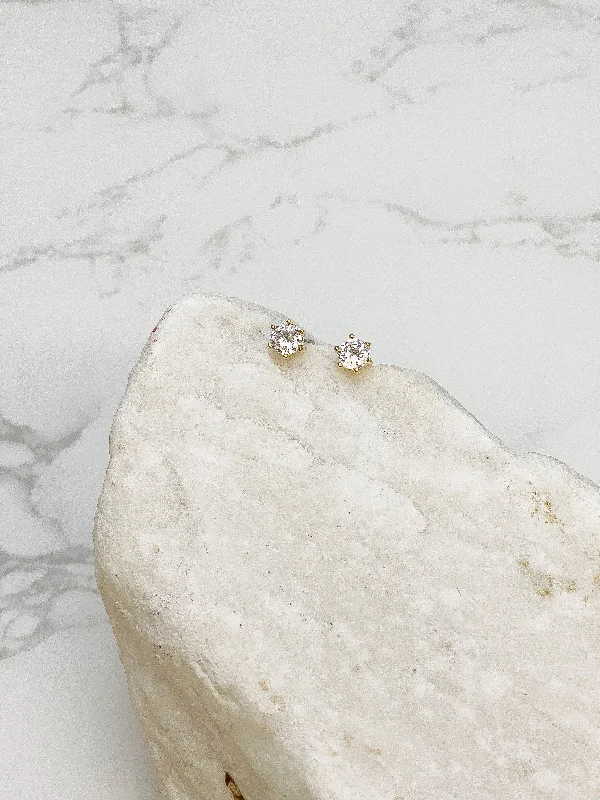 Cubic Zirconia Round Stud Earrings - Yellow Gold