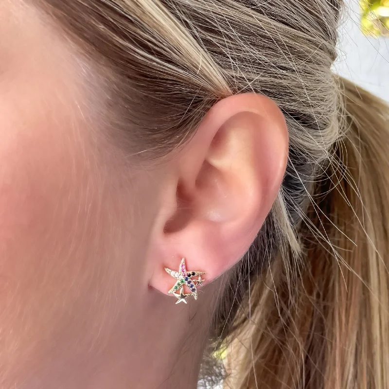 Cubic Zirconia Starfish Stud Earrings - Gold