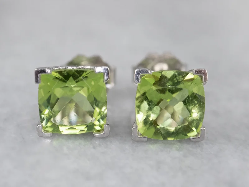 Cushion Cut Peridot White Gold Stud Earrings