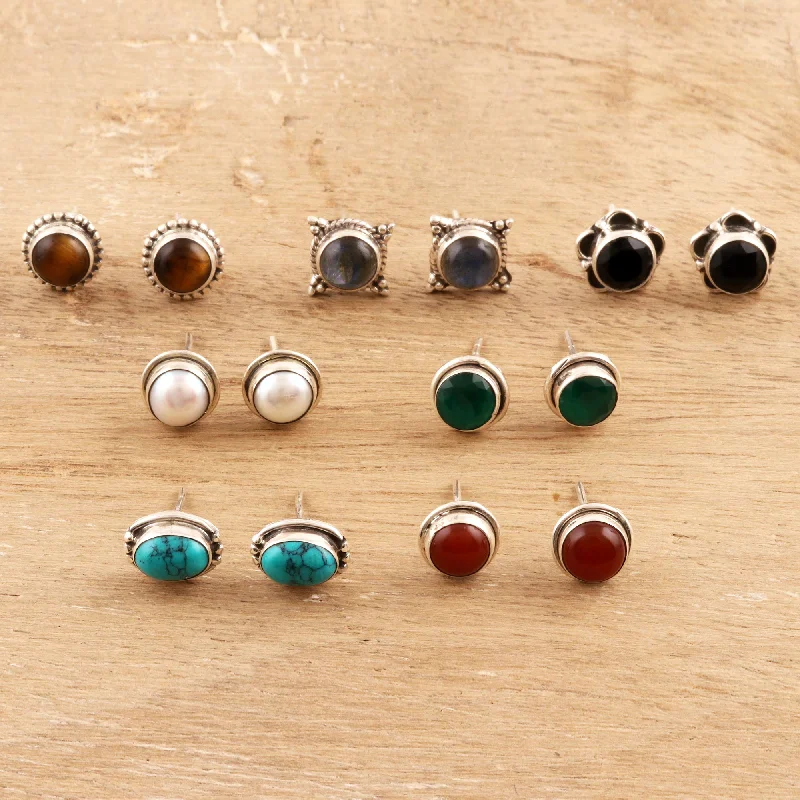 Elegant Pairs Set of 7 Multi-Gemstone Stud Earrings from India