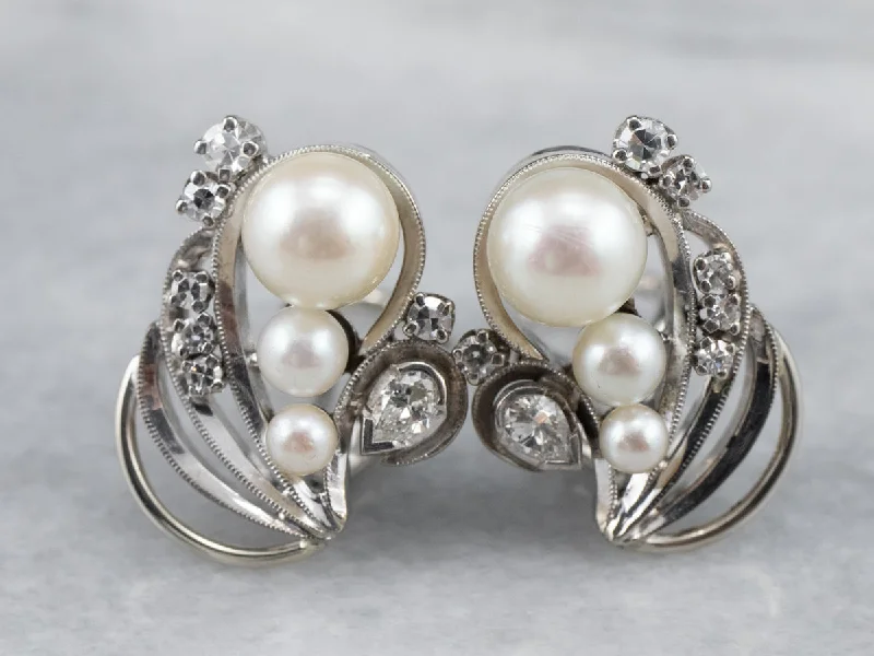 Retro Era Pearl and Diamond Stud Earrings