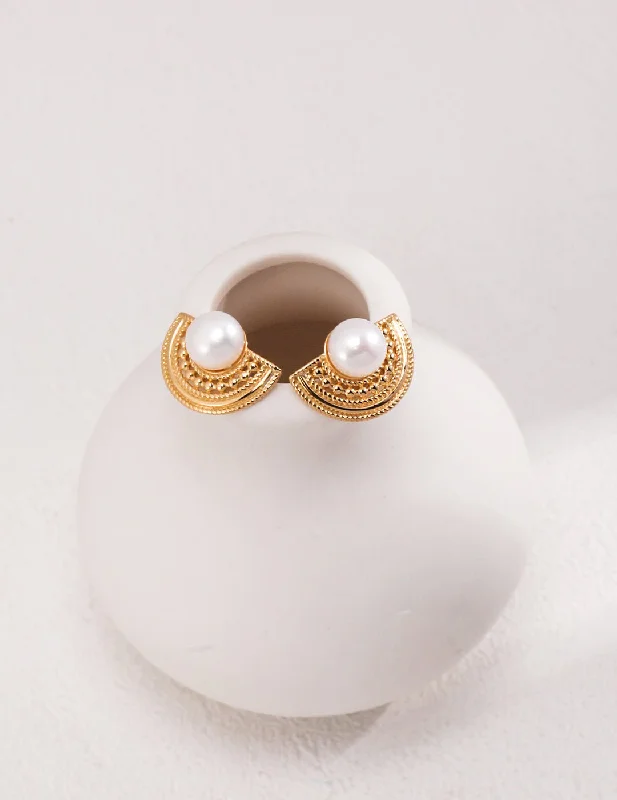 Fan-Shaped Pearl Stud Earrings