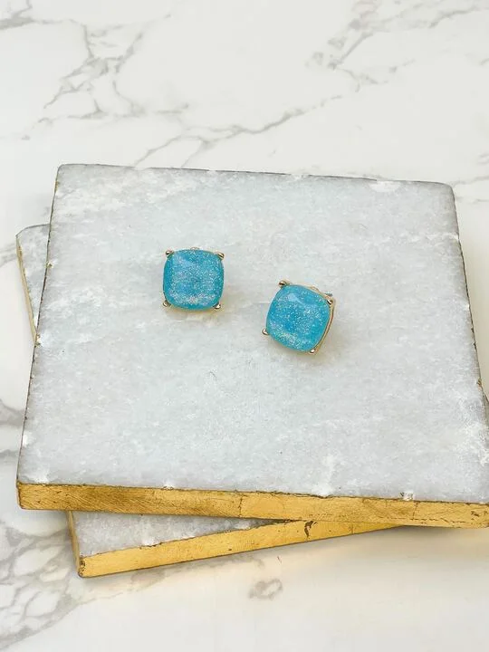 Glittery Glass Crystal Stud Earrings - Blue