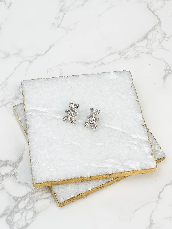 Glitzy Teddy Bear Stud Earrings - Silver