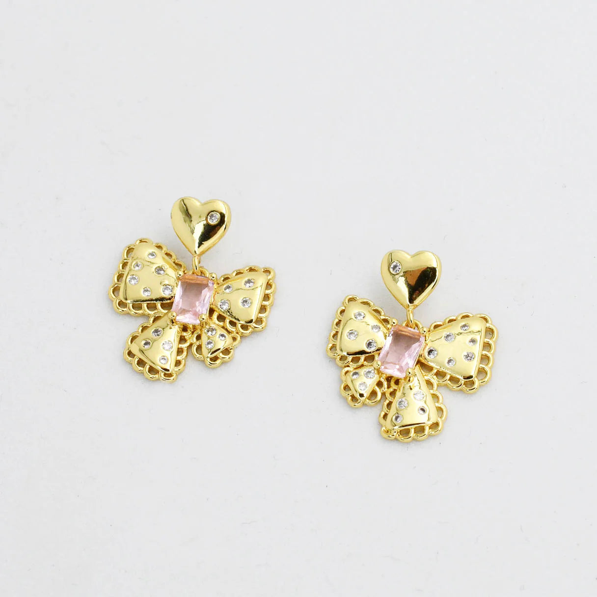 Gold & Crystal Bow Heart Stud Earrings