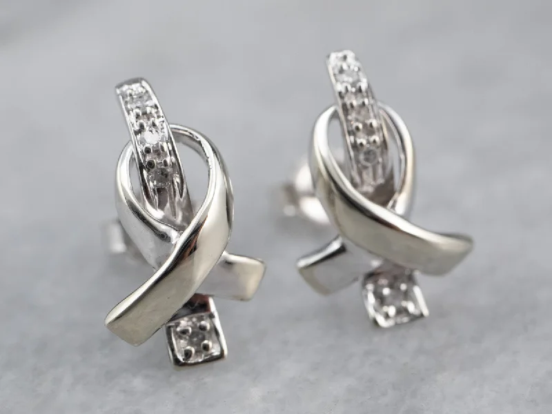 Gold Cancer Ribbon Diamond Stud Earrings