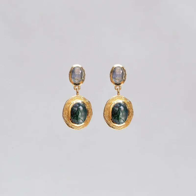 Gold Labradorite and Moss Agate Drop Stud Earrings