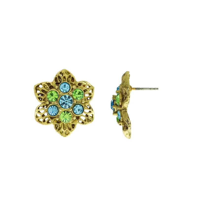 1928 Jewelry Gold Tone Aqua and Green Crystals Flower Stud Earrings