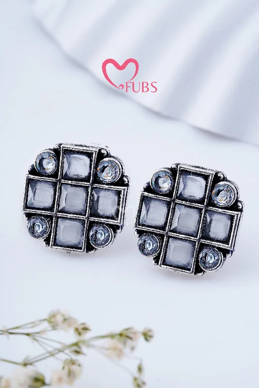 Grey Oxidized mini square stud earrings