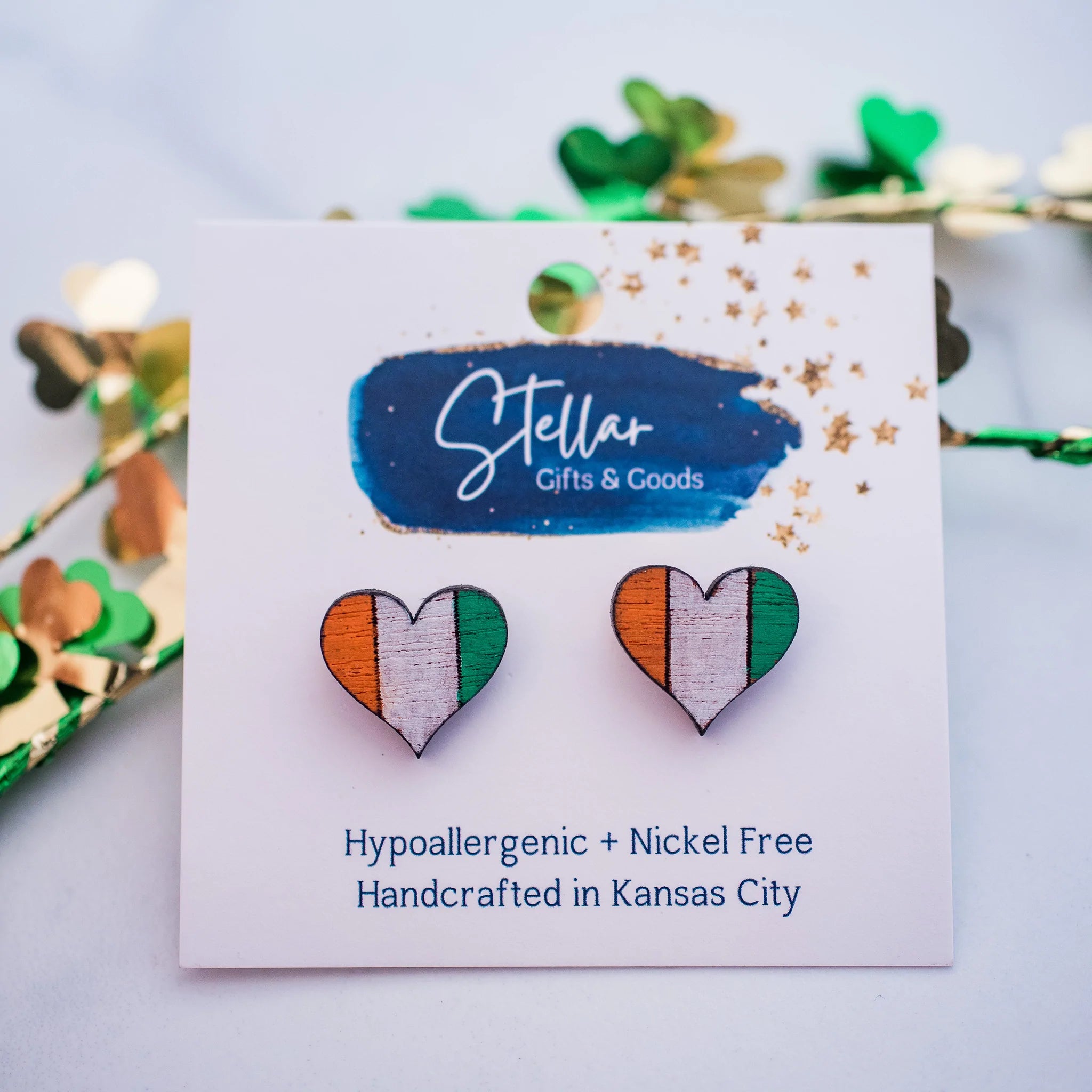 Hand Painted Irish Flag Heart Stud Earrings