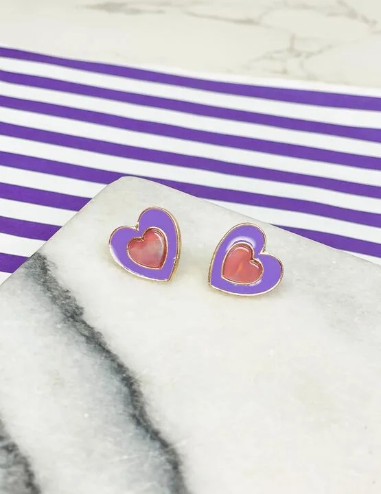 Heart-In-Heart Resin Stud Earrings - Purple