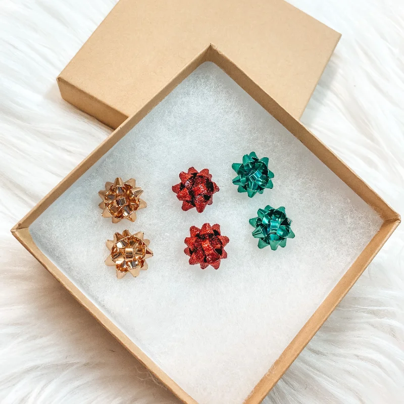 Holiday Special | Set of 3 Gift Bow Stud Earrings in Gold, Red, and Green in Gift Box