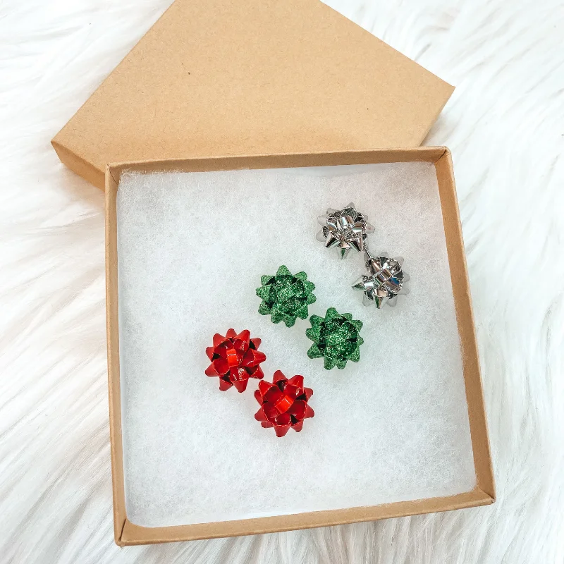 Holiday Special | Set of 3 Gift Bow Stud Earrings in Silver, Red, and Green in Gift Box