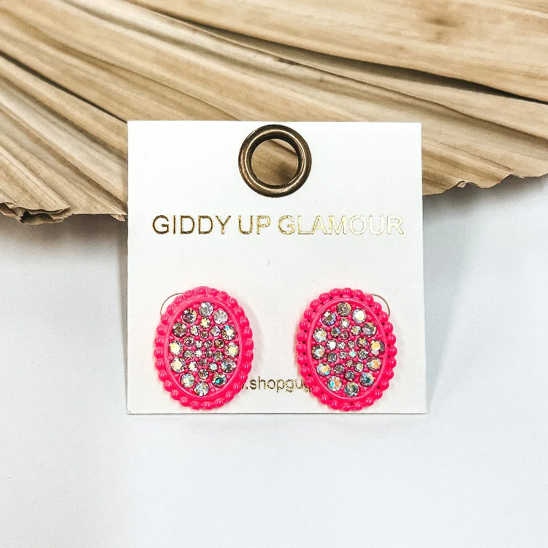 Pink Oval Stud Earrings with AB Crystals