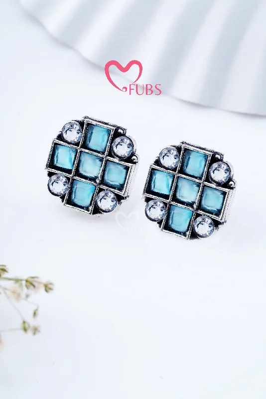 Light Blue Oxidized mini square stud earrings