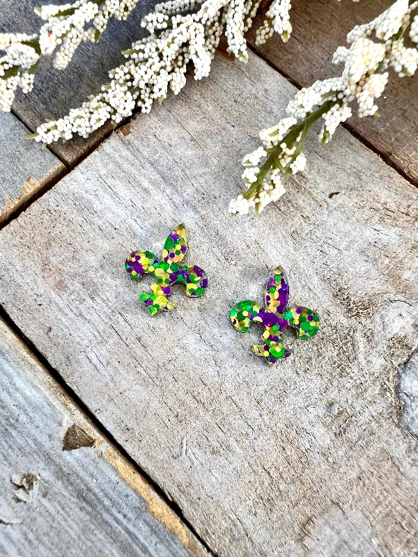 Mardi Gras Glitter Fleur De Lis Stud Earrings