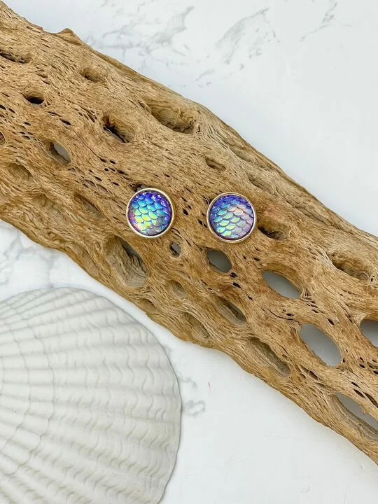 Mermaid Scale Statement Stud Earrings - Purple