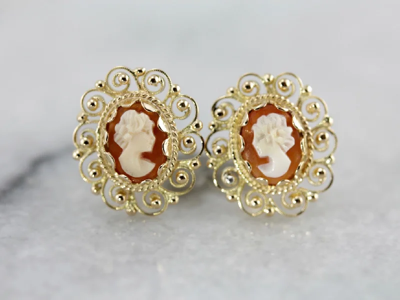 Mid Century Cameo Stud Earrings with Filigree Gold Frames